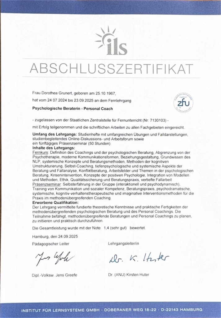 Abschlusszertifikat ILS – Psychologische Beraterin